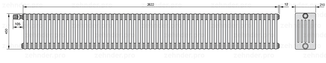 Схема (чертеж) Радиатор Zehnder Charleston 6045/57 №V012 Белый глянцевый RAL 9016